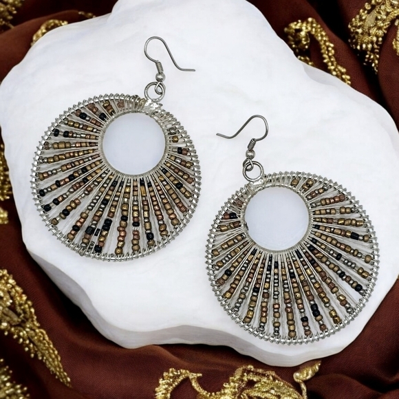 Handcrafted Artisan Indian Beaded Hoop Earrings Boho Chic Statement Jewelry - Picture 1 of 10